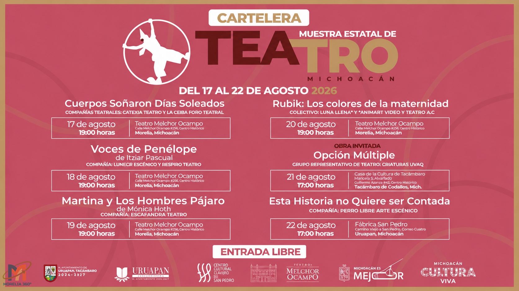 Muestra Estatal de Teatro 2026 llevará funciones gratuitas a Morelia, Tacámbaro y Uruapan