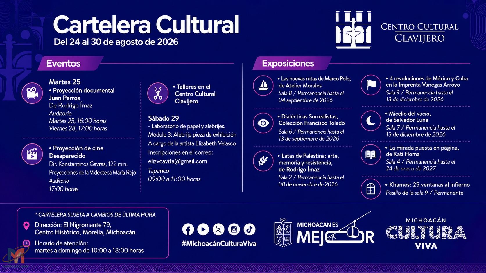 Cartelera Cultural del Centro Cultural Clavijero: actividades del 24 al 30 de agosto