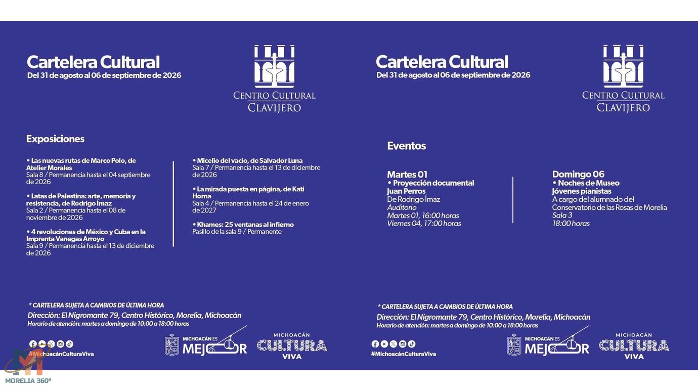 Centro Cultural Clavijero presenta su cartelera cultural del 31 de agosto al 6 de septiembre