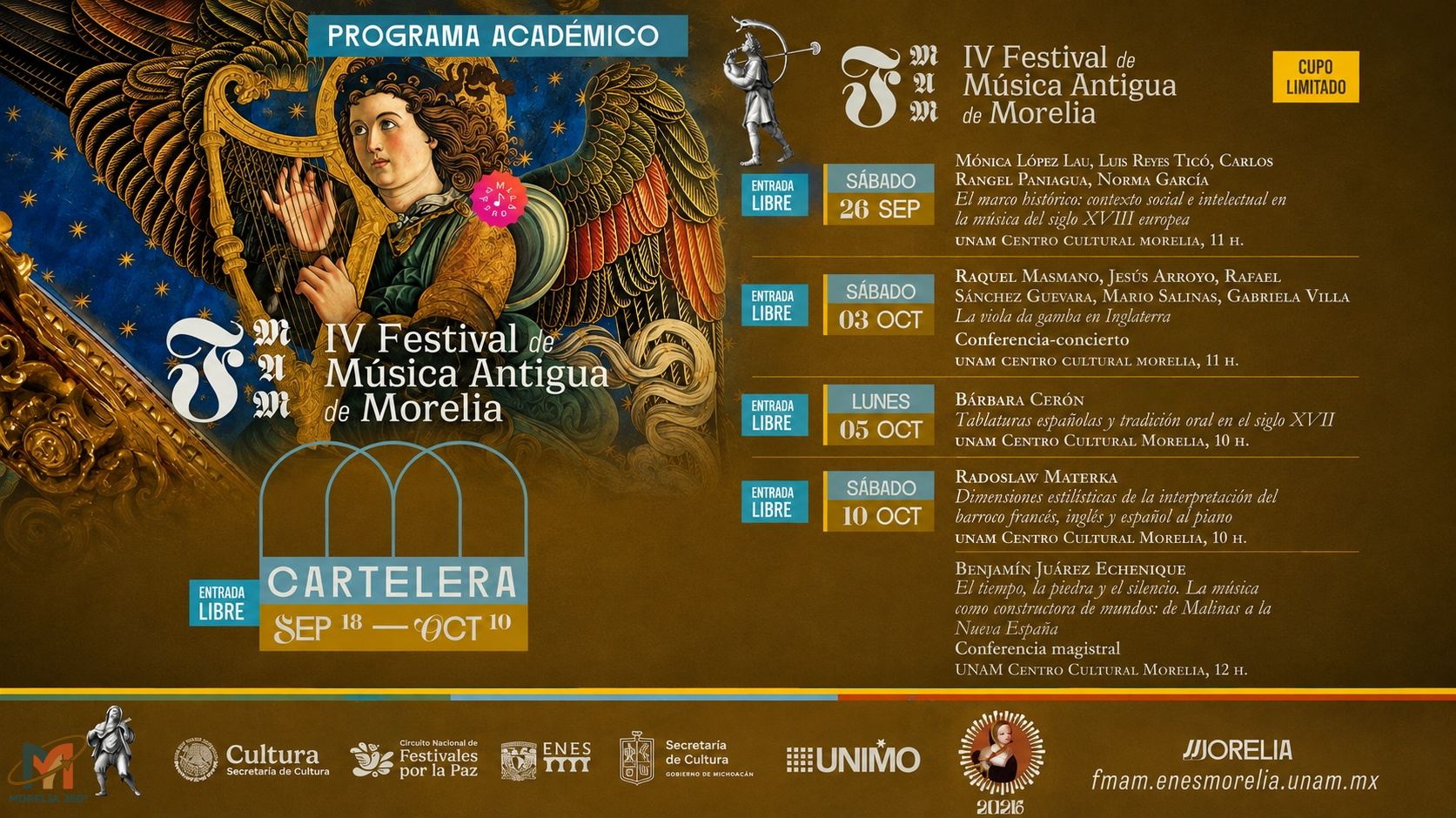 Festival de Música Antigua de Morelia anuncia programa académico 2026